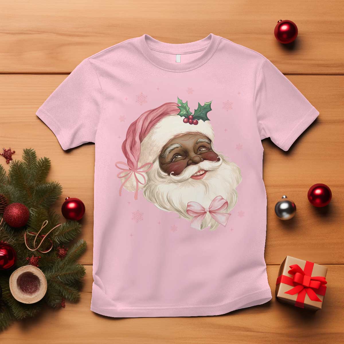 Christmas Coquette Pink Black Santa Bow T Shirt TS11 Light Pink Print Your Wear