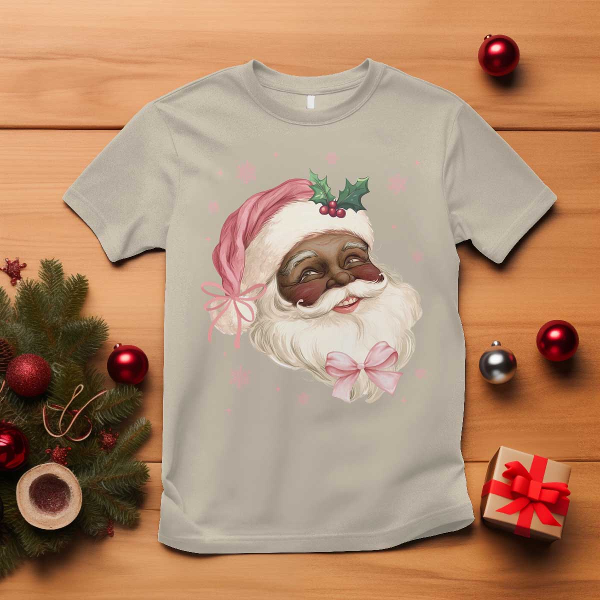 Christmas Coquette Pink Black Santa Bow T Shirt TS11 Sand Print Your Wear