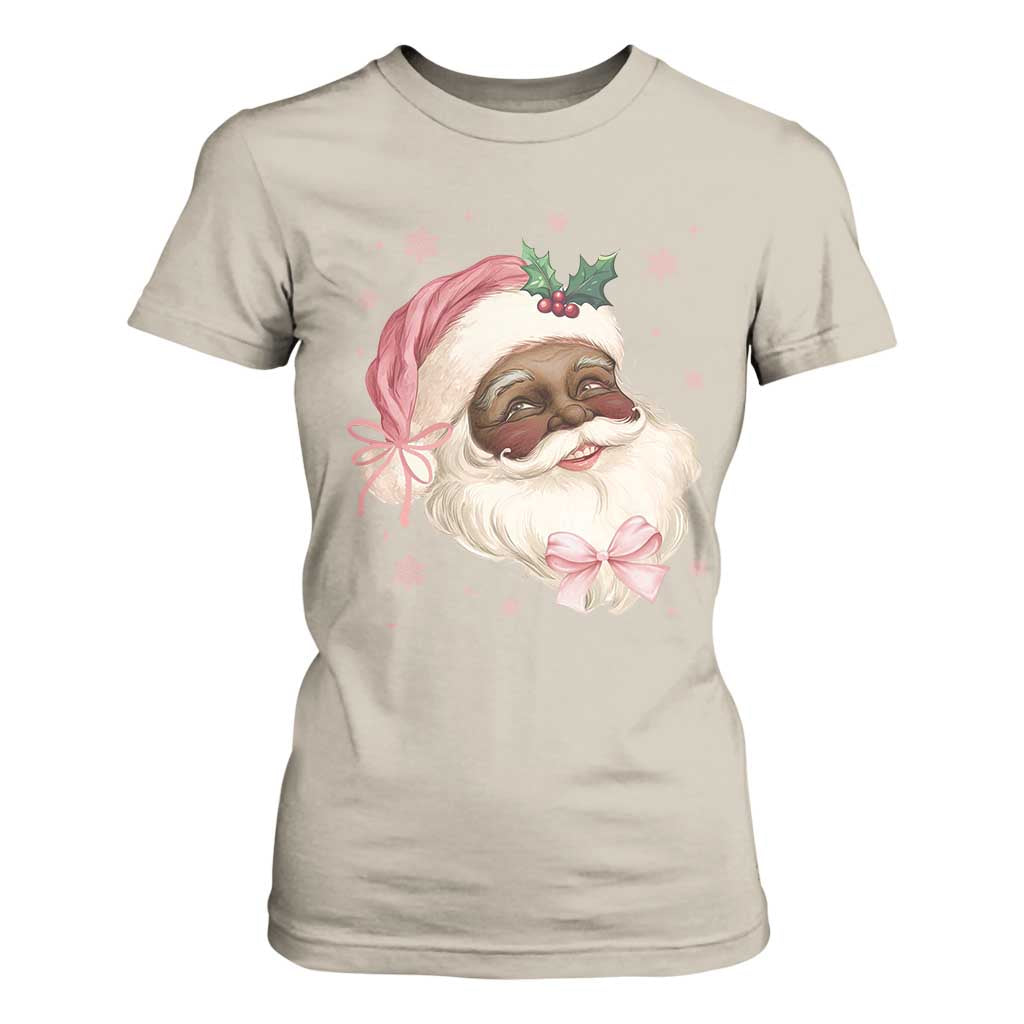 Christmas Coquette Pink Black Santa Bow T Shirt For Women TS11 Sand Print Your Wear