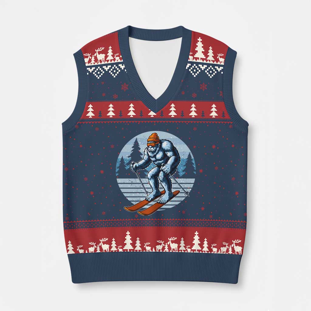 Funny Skiing Bigfoot Ski Winter Sport Yeti Snowboarder Skier V-Neck Knit Sweater Vest TS11 Navy Red Print Your Wear