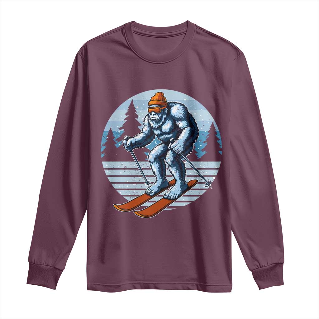 Funny Skiing Bigfoot Ski Winter Sport Yeti Snowboarder Skier Long Sleeve Shirt TS11 Maroon Print Your Wear
