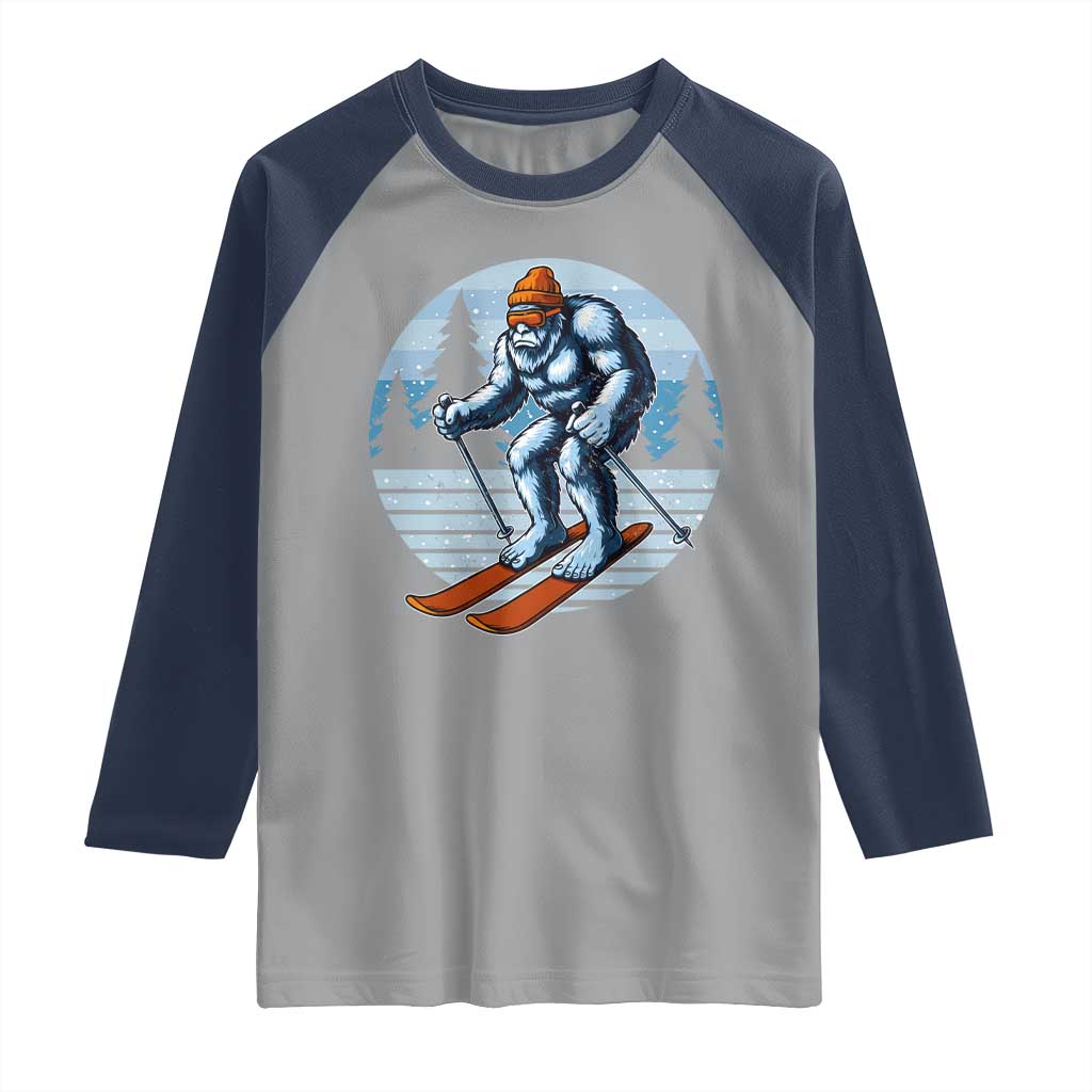 Funny Skiing Bigfoot Ski Winter Sport Yeti Snowboarder Skier Raglan Shirt TS11 Sport Gray Navy Print Your Wear