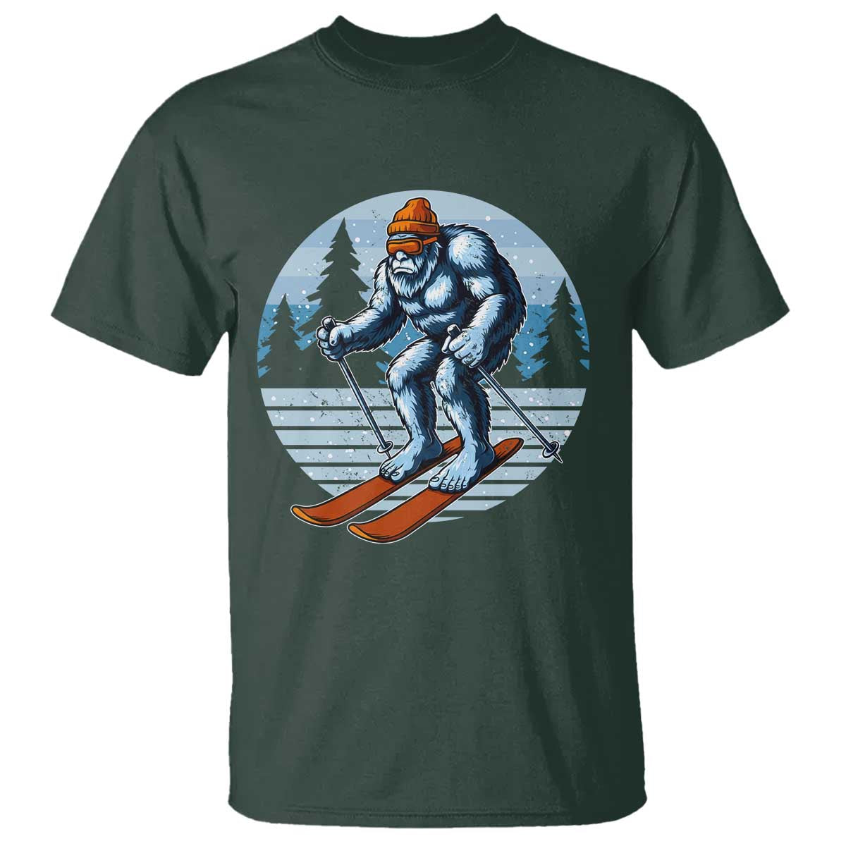 Funny Skiing Bigfoot Ski Winter Sport Yeti Snowboarder Skier T Shirt TS11 Dark Forest Green Print Your Wear