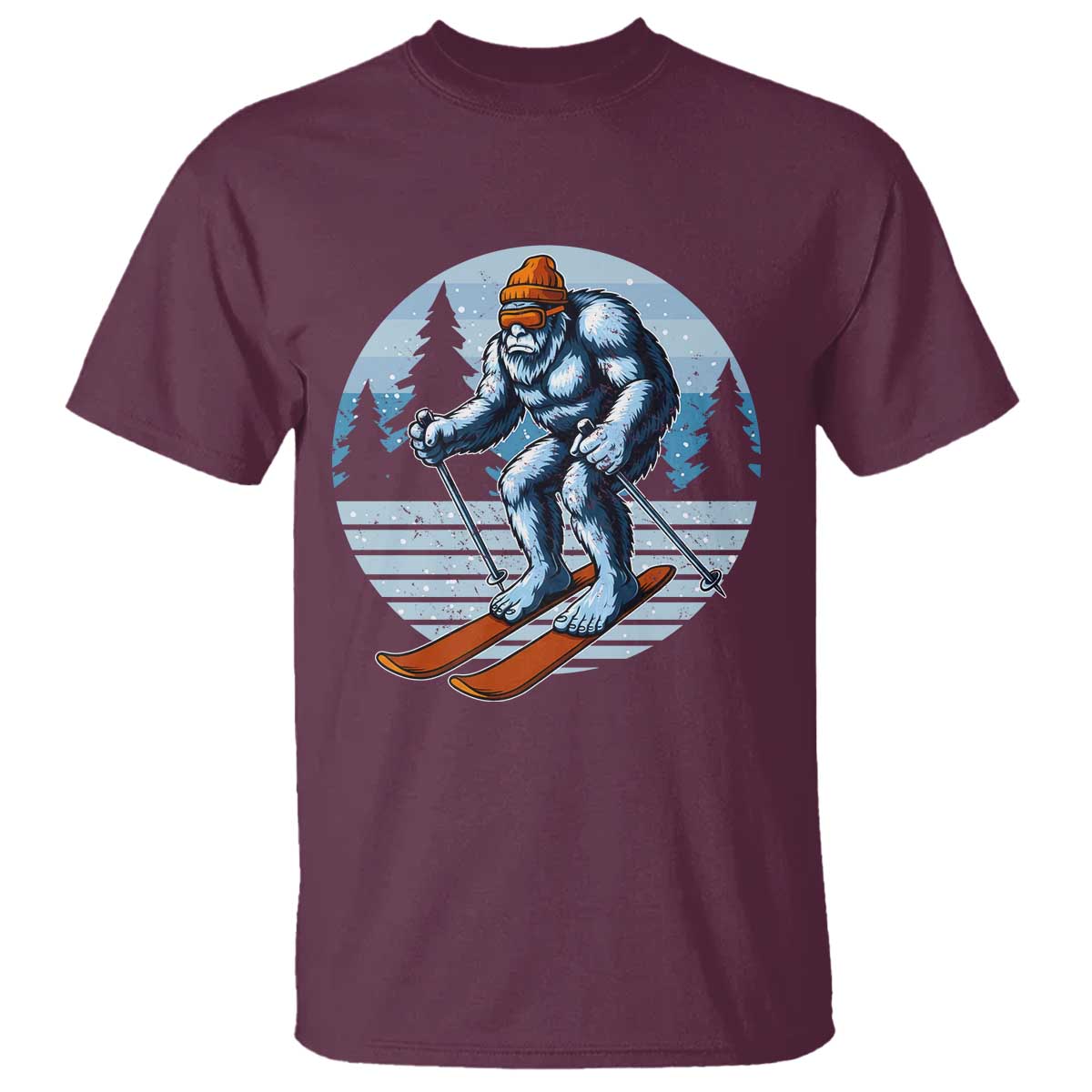 Funny Skiing Bigfoot Ski Winter Sport Yeti Snowboarder Skier T Shirt TS11 Maroon Print Your Wear
