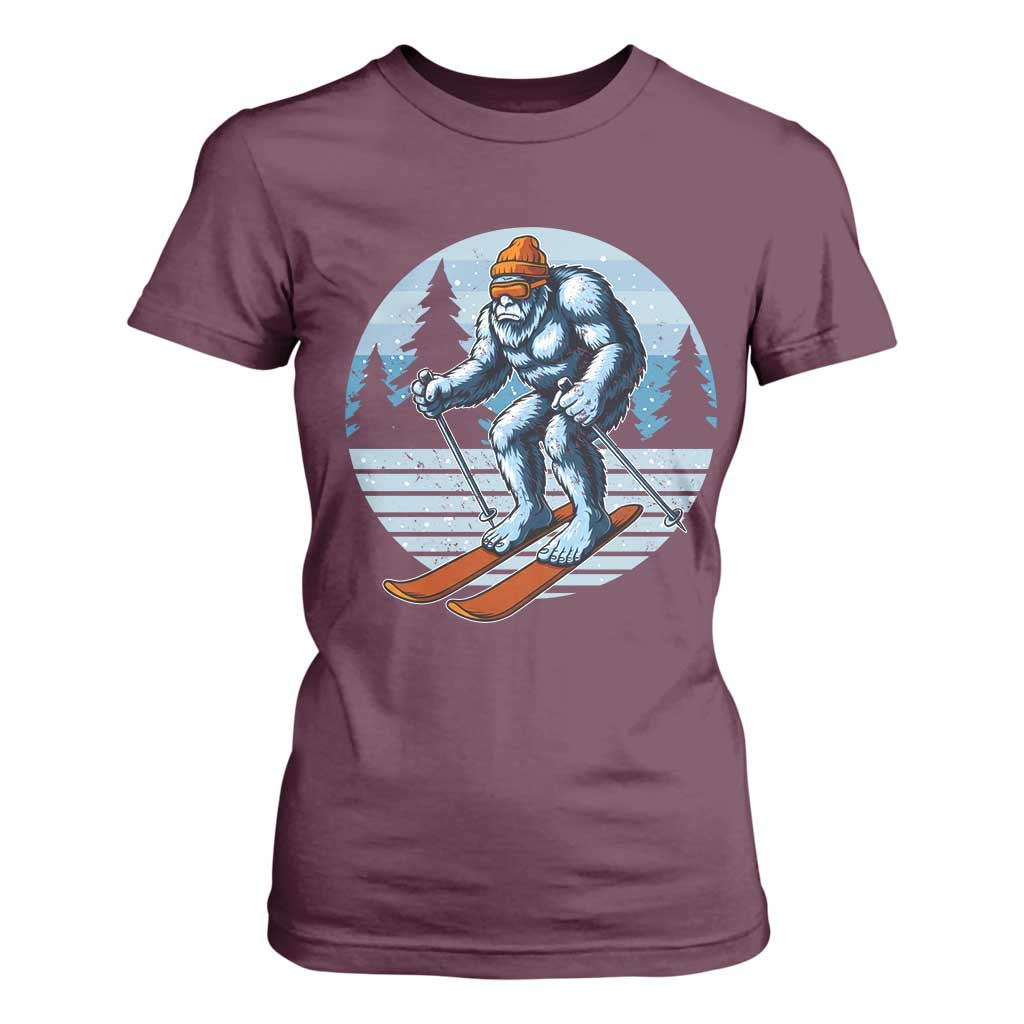 Funny Skiing Bigfoot Ski Winter Sport Yeti Snowboarder Skier T Shirt For Women TS11 Maroon Print Your Wear