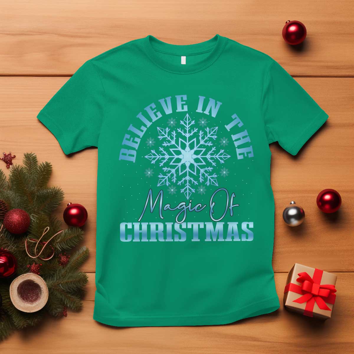 Believe In The Magic Of Christmas T Shirt Xmas Snowflake TS11 Irish Green Print Your Wear