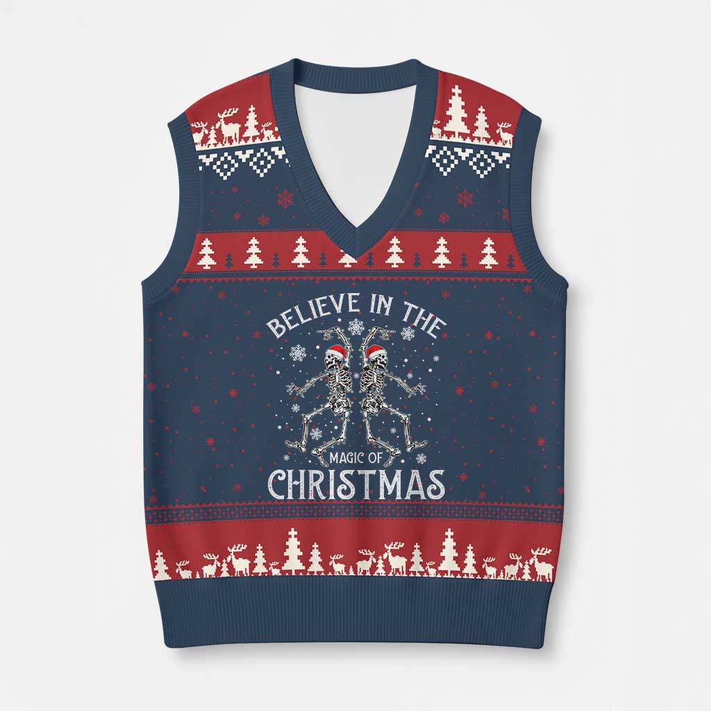Funny Believe In The Magic Of Xmas V-Neck Knit Sweater Vest Xmas Skeleton TS11 Navy Red Print Your Wear