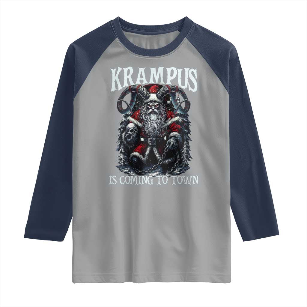 Nordic Christmas Krampus Raglan Shirt Krampus Is Coming To Town Horror Holiday Xmas TS11 Sport Gray Navy Print Your Wear