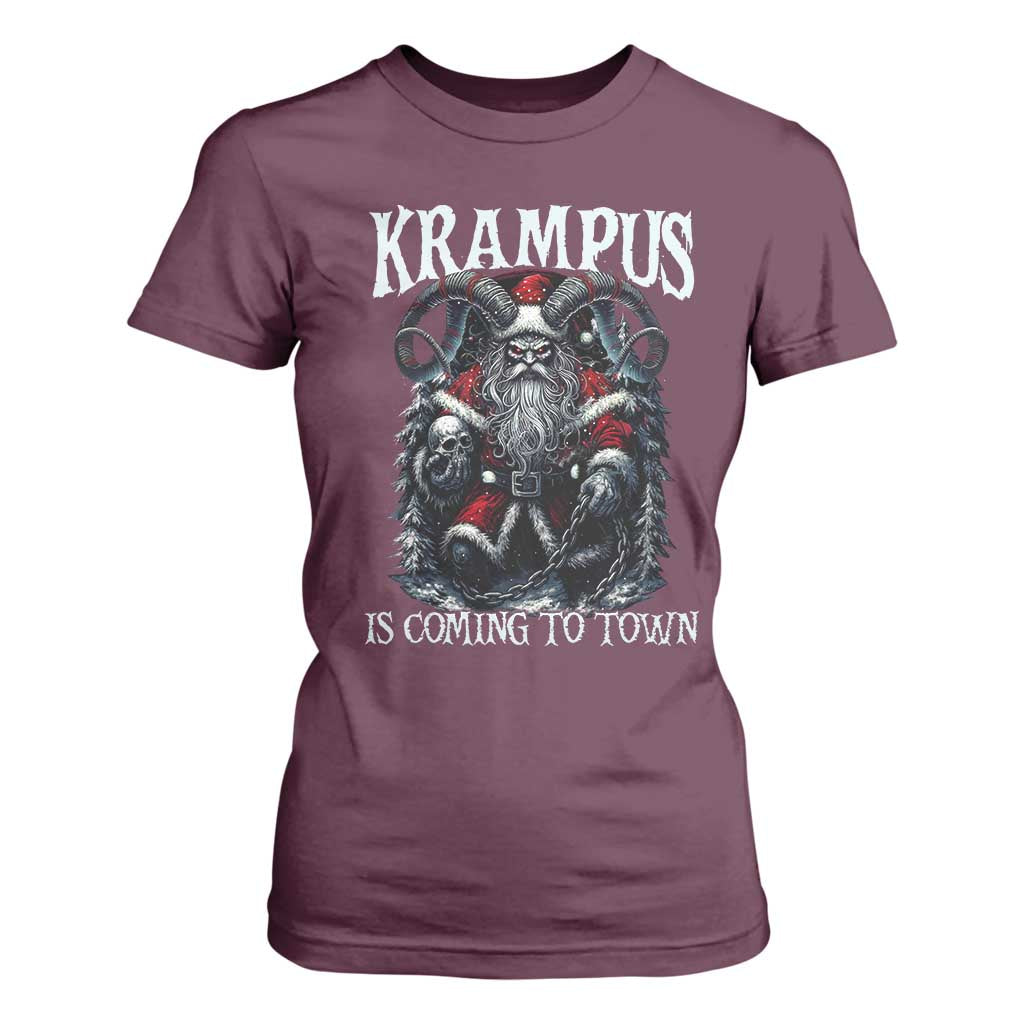 Nordic Christmas Krampus T Shirt For Women Krampus Is Coming To Town Horror Holiday Xmas TS11 Maroon Print Your Wear
