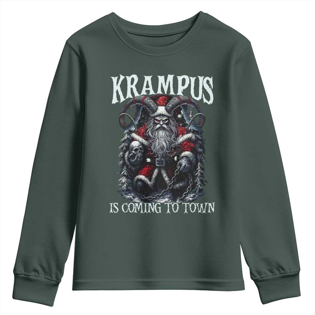 Nordic Christmas Krampus Youth Sweatshirt Krampus Is Coming To Town Horror Holiday Xmas TS11 Dark Forest Green Print Your Wear