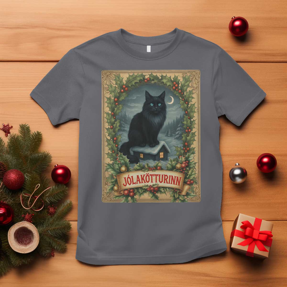 Nordic Christmas Cat T Shirt Jolakotturinn Yule Cat Icelandic TS11 Charcoal Print Your Wear