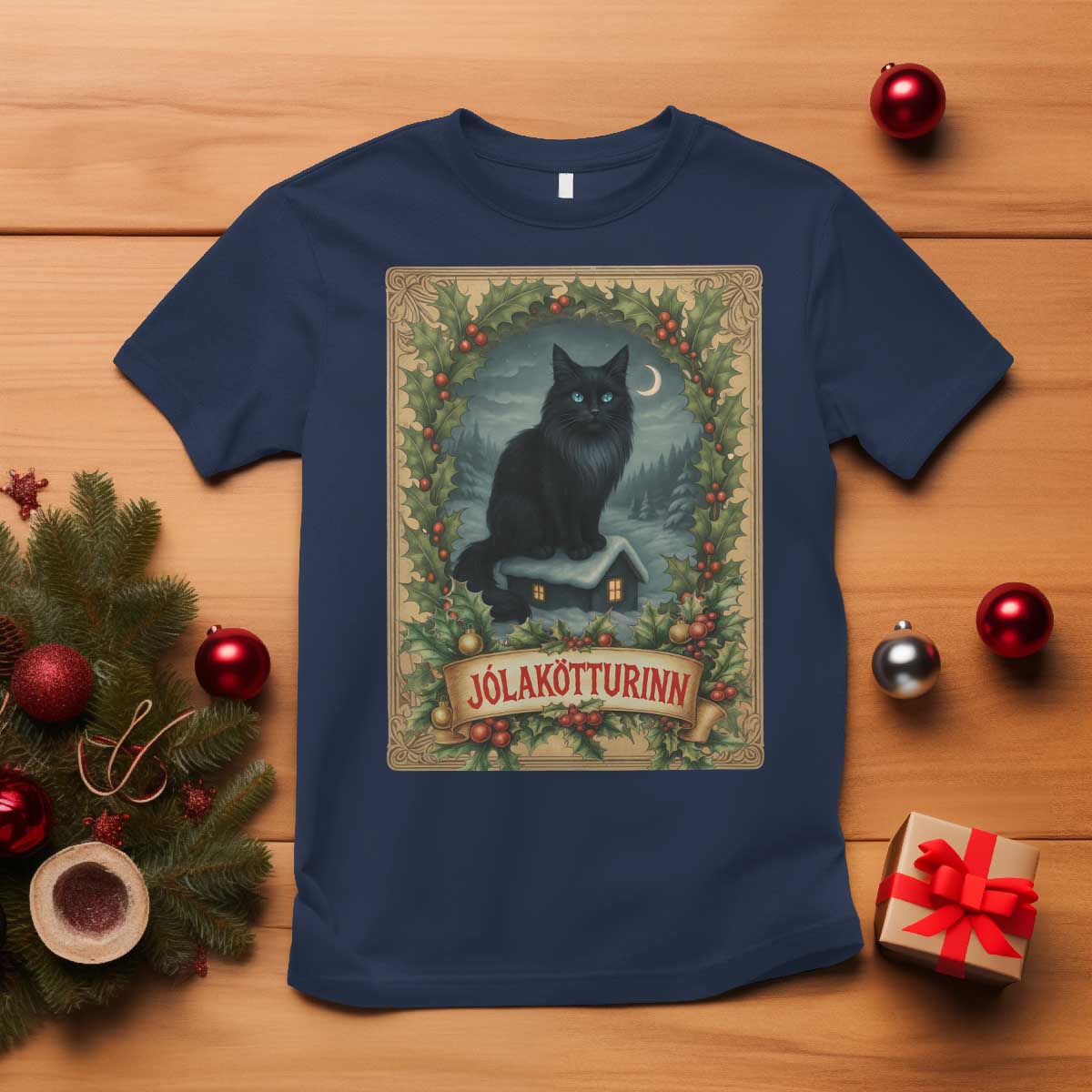 Nordic Christmas Cat T Shirt Jolakotturinn Yule Cat Icelandic TS11 Navy Print Your Wear