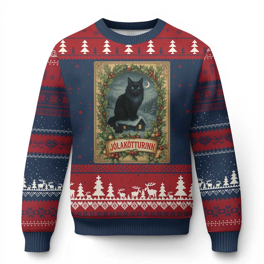 Nordic Xmas Cat Ugly Christmas Sweater Jolakotturinn Yule Cat Icelandic TS11 Navy Red Print Your Wear