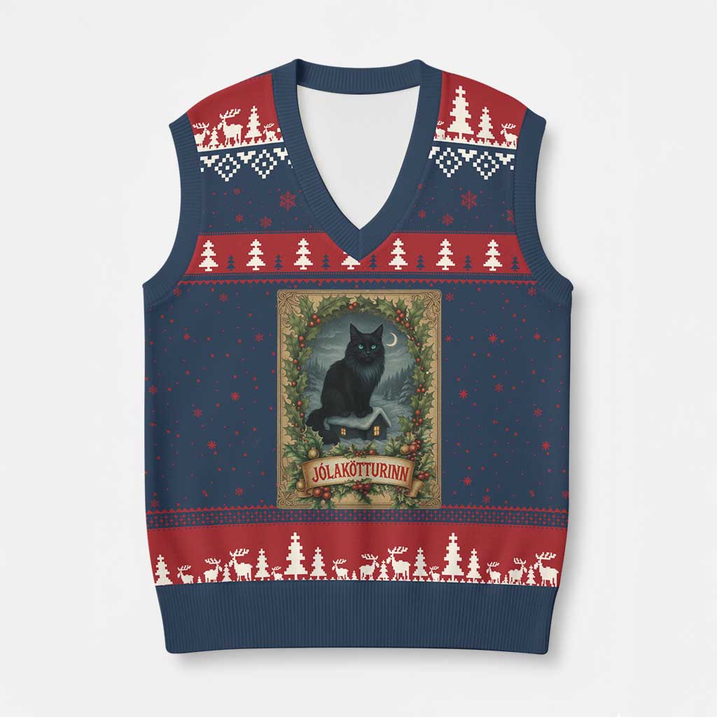 Nordic Xmas Cat V-Neck Knit Sweater Vest Jolakotturinn Yule Cat Icelandic TS11 Navy Red Print Your Wear