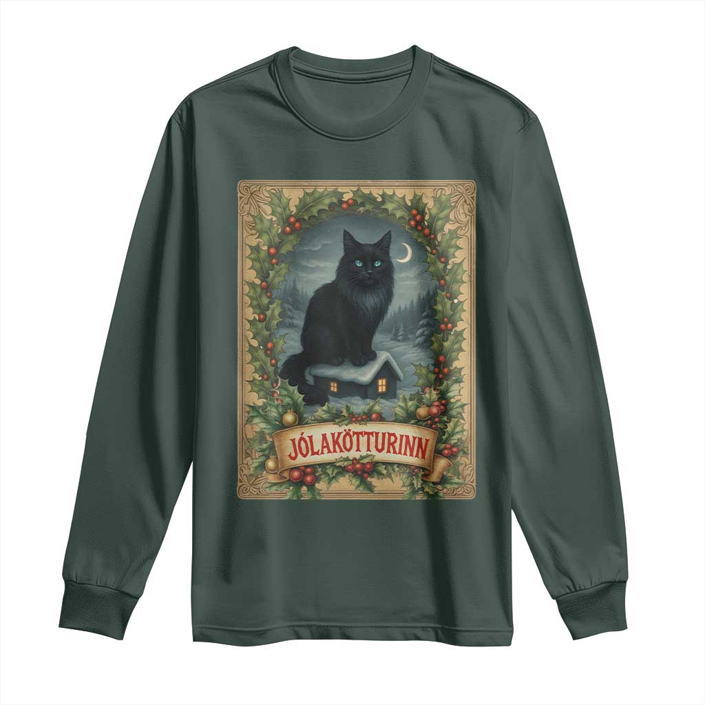 Nordic Christmas Cat Long Sleeve Shirt Jolakotturinn Yule Cat Icelandic TS11 Dark Forest Green Print Your Wear