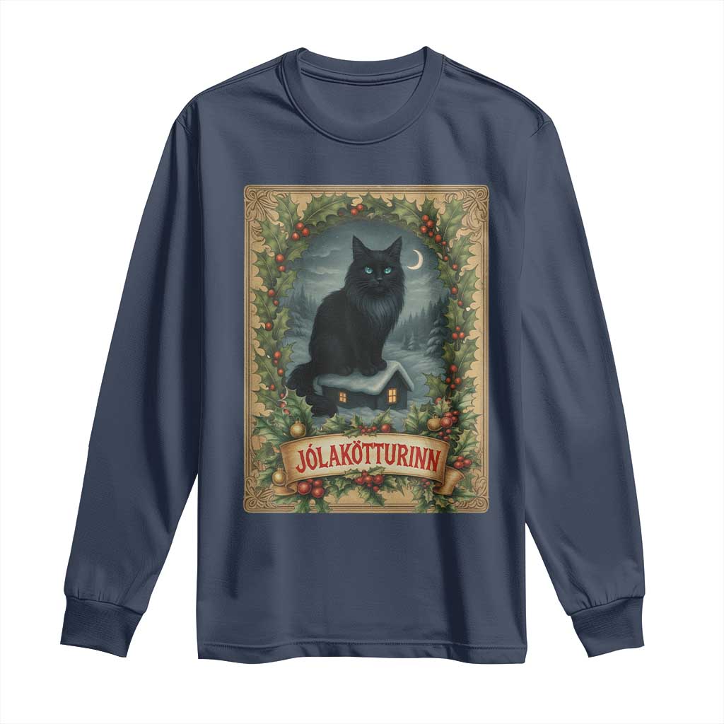 Nordic Christmas Cat Long Sleeve Shirt Jolakotturinn Yule Cat Icelandic TS11 Navy Print Your Wear