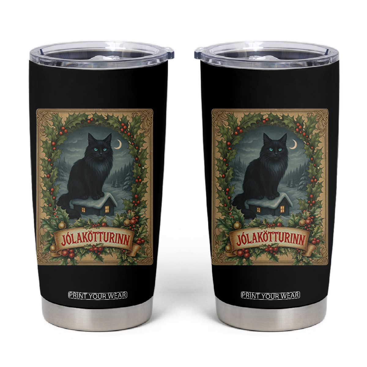 Nordic Christmas Cat Tumbler Cup Jolakotturinn Yule Cat Icelandic TS11 Black Print Your Wear