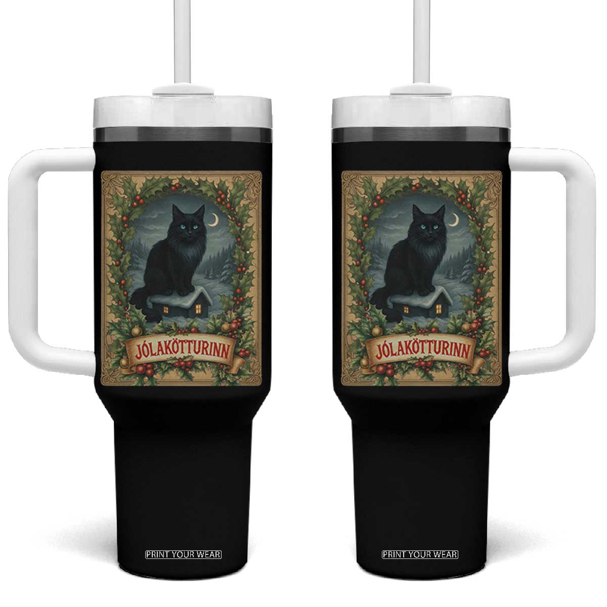 Nordic Christmas Cat Tumbler With Handle Jolakotturinn Yule Cat Icelandic TS11 One Size: 40 oz Black Print Your Wear