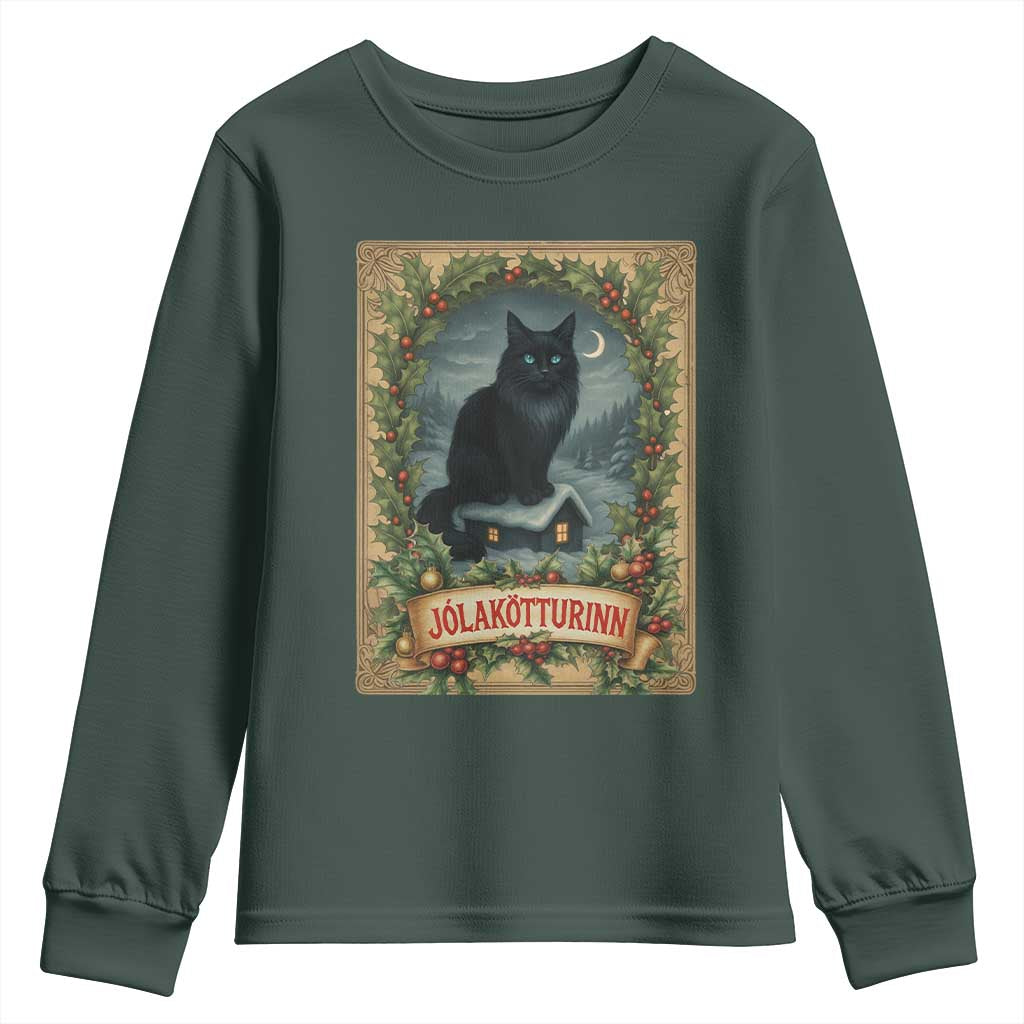 Nordic Christmas Cat Youth Sweatshirt Jolakotturinn Yule Cat Icelandic TS11 Dark Forest Green Print Your Wear