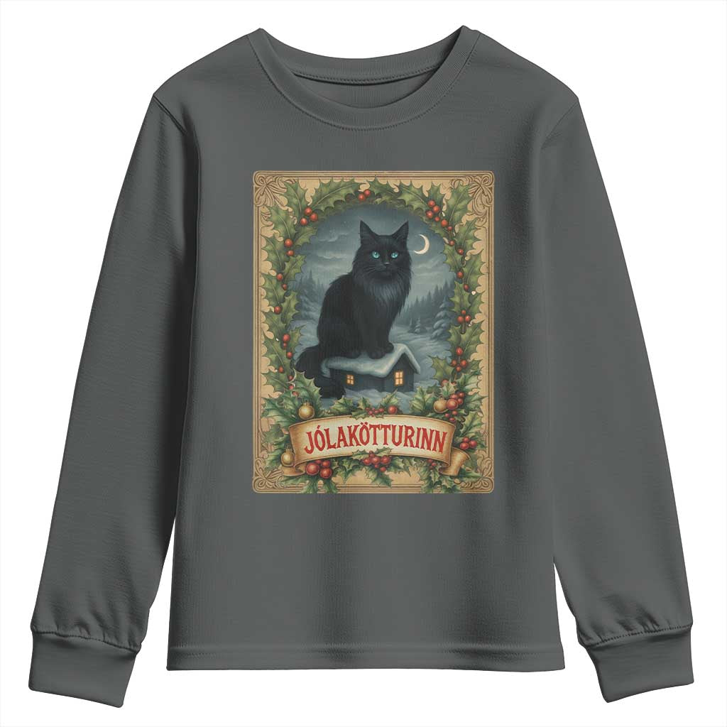 Nordic Christmas Cat Youth Sweatshirt Jolakotturinn Yule Cat Icelandic TS11 Dark Heather Print Your Wear