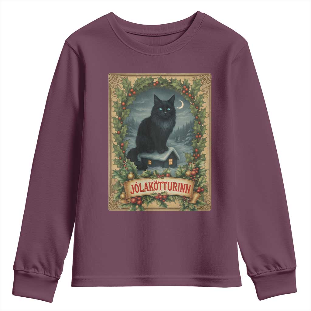 Nordic Christmas Cat Youth Sweatshirt Jolakotturinn Yule Cat Icelandic TS11 Maroon Print Your Wear