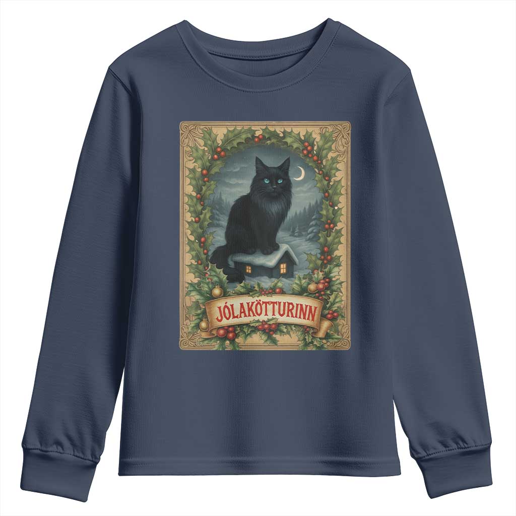 Nordic Christmas Cat Youth Sweatshirt Jolakotturinn Yule Cat Icelandic TS11 Navy Print Your Wear