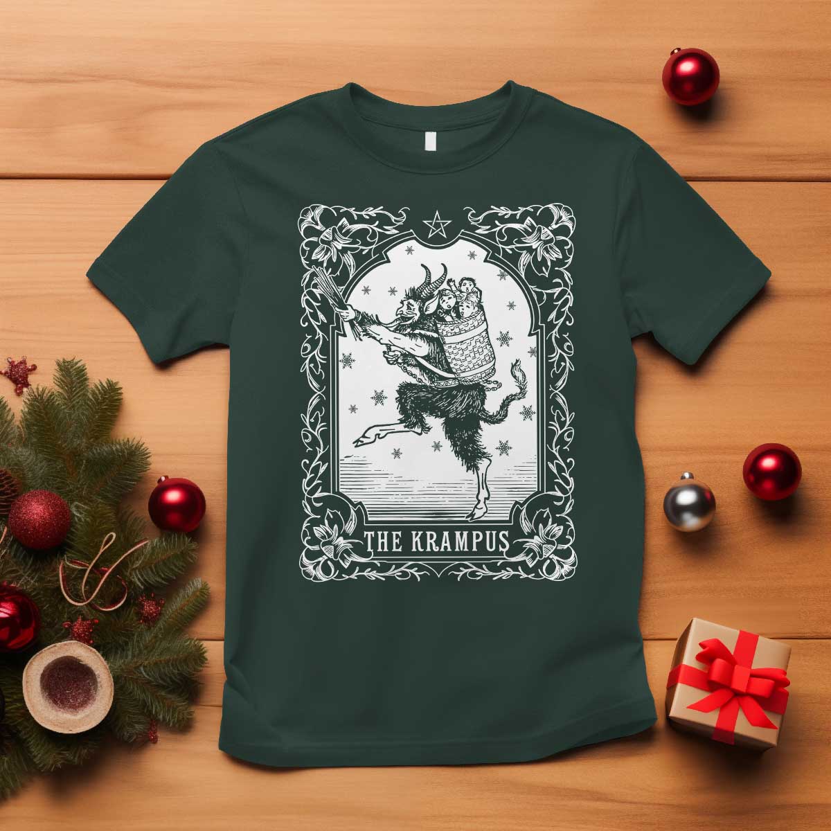 Christmas Krampus T Shirt Pagan Yule Nordic Xmas Krampus Evil Tarot Card TS11 Dark Forest Green Print Your Wear