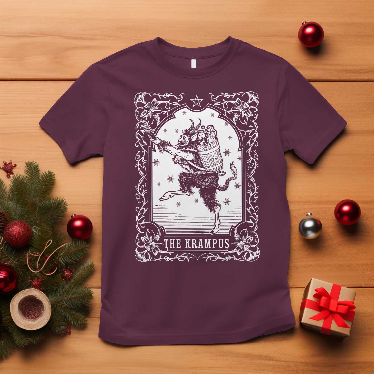 Christmas Krampus T Shirt Pagan Yule Nordic Xmas Krampus Evil Tarot Card TS11 Maroon Print Your Wear
