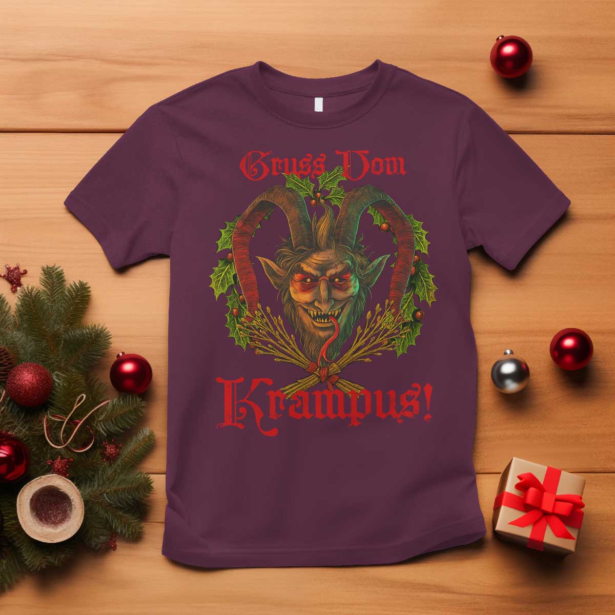 Nordic Christmas Krampus T Shirt Gruss Vom Krampus Pagan Yule Xmas TS11 Maroon Print Your Wear
