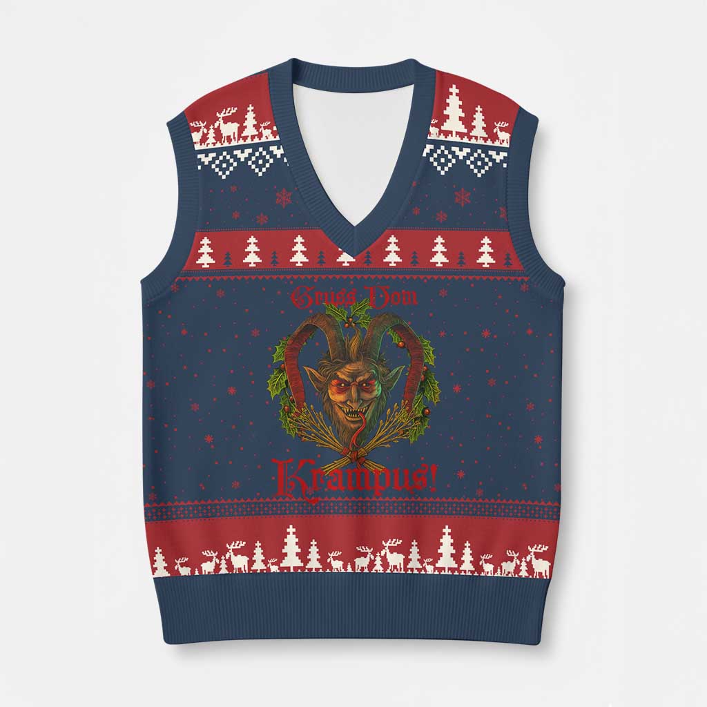 Nordic Xmas Krampus V-Neck Knit Sweater Vest Gruss Vom Krampus Pagan Yule Xmas TS11 Navy Red Print Your Wear