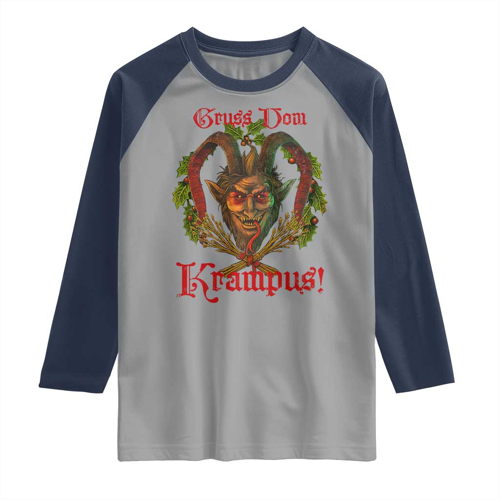 Nordic Christmas Krampus Raglan Shirt Gruss Vom Krampus Pagan Yule Xmas TS11 Sport Gray Navy Print Your Wear