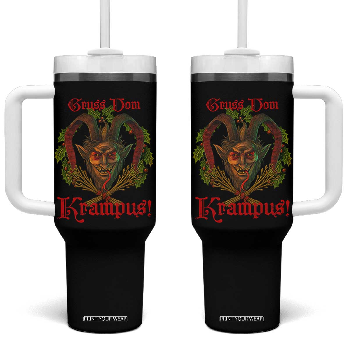 Nordic Christmas Krampus Tumbler With Handle Gruss Vom Krampus Pagan Yule Xmas TS11 One Size: 40 oz Black Print Your Wear