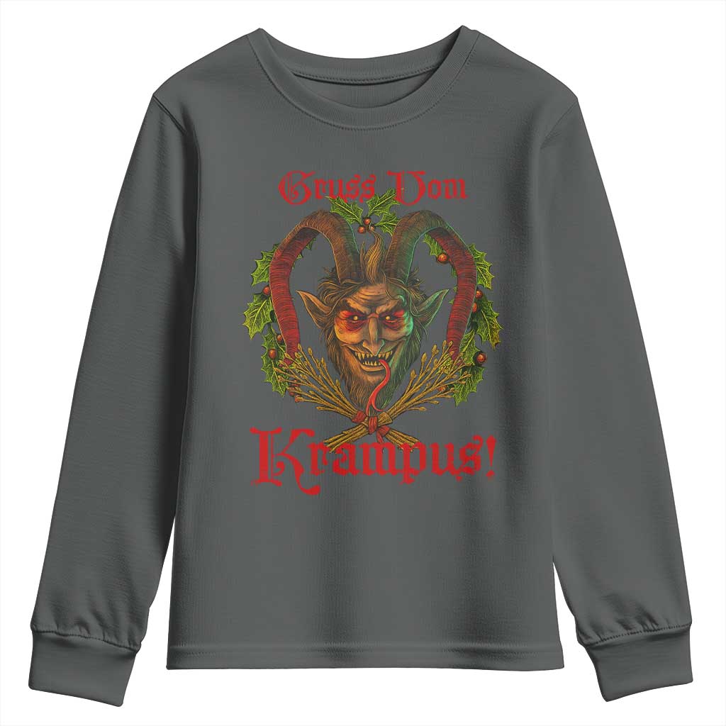 Nordic Christmas Krampus Youth Sweatshirt Gruss Vom Krampus Pagan Yule Xmas TS11 Dark Heather Print Your Wear