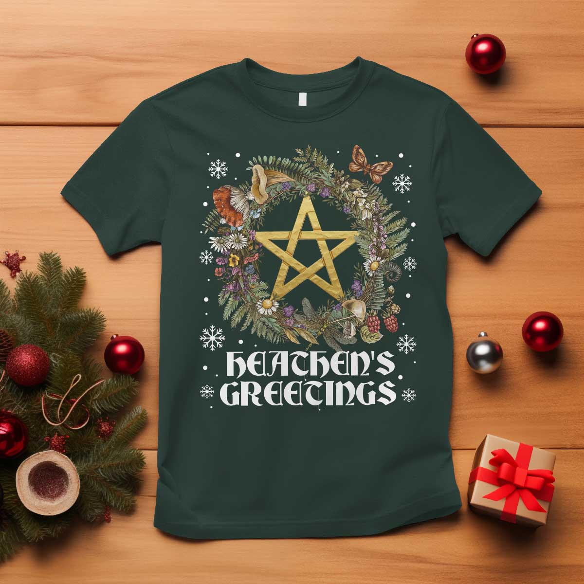 Heathens Greeting T Shirt Pagan Christmas Wreath Yule Holiday TS11 Dark Forest Green Print Your Wear