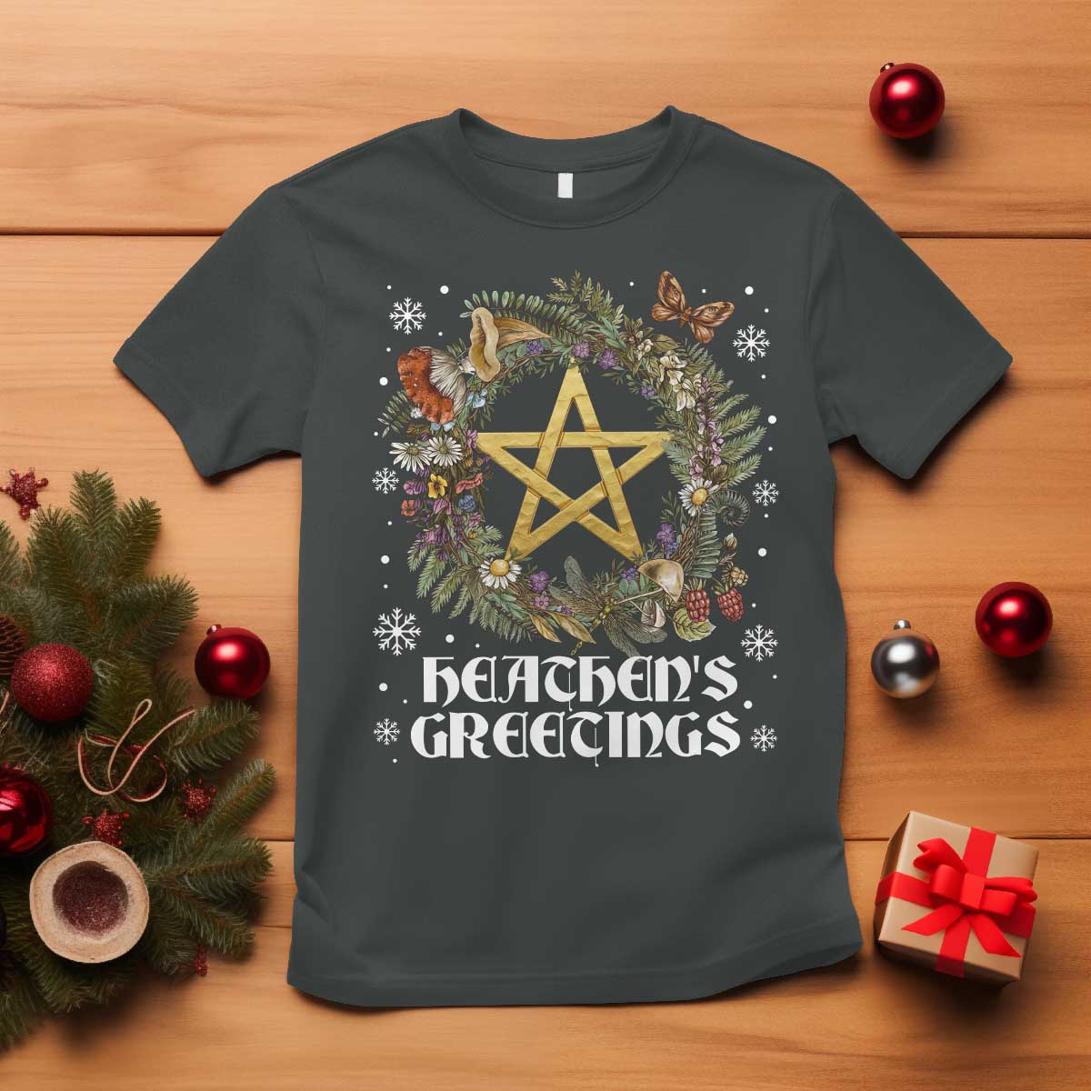 Heathens Greeting T Shirt Pagan Christmas Wreath Yule Holiday TS11 Dark Heather Print Your Wear