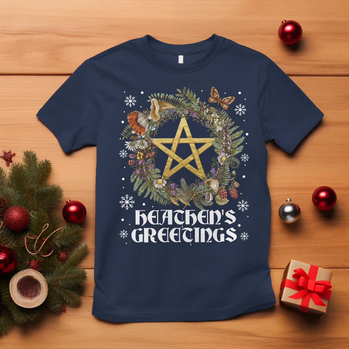 Heathens Greeting T Shirt Pagan Christmas Wreath Yule Holiday TS11 Navy Print Your Wear