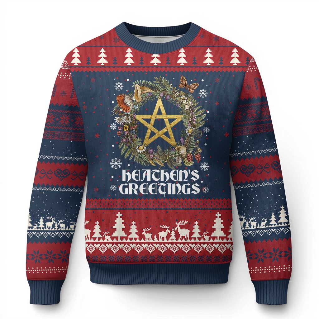 Heathens Greeting Ugly Christmas Sweater Pagan Xmas Wreath Yule Holiday TS11 Navy Red Print Your Wear