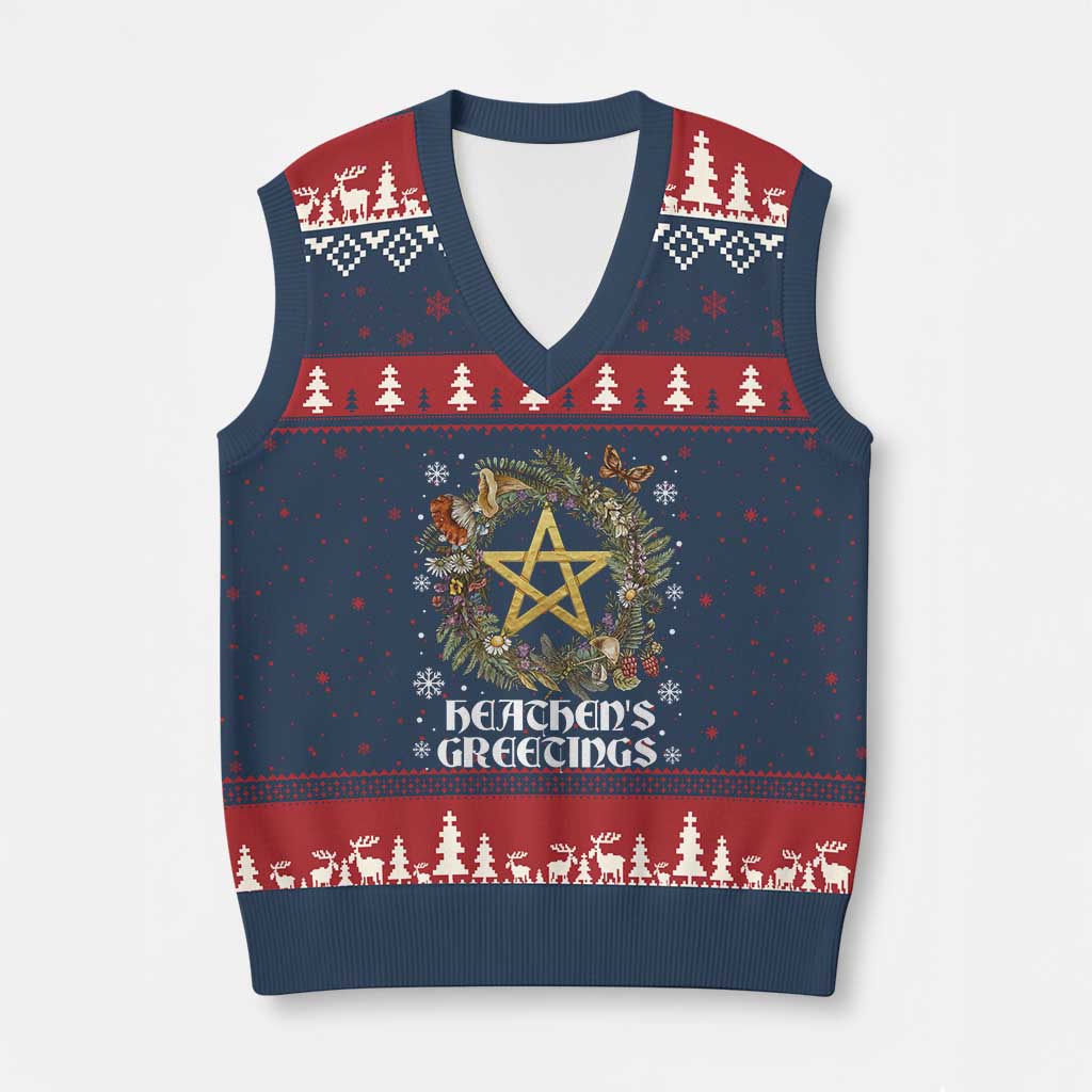 Heathens Greeting V-Neck Knit Sweater Vest Pagan Xmas Wreath Yule Holiday TS11 Navy Red Print Your Wear