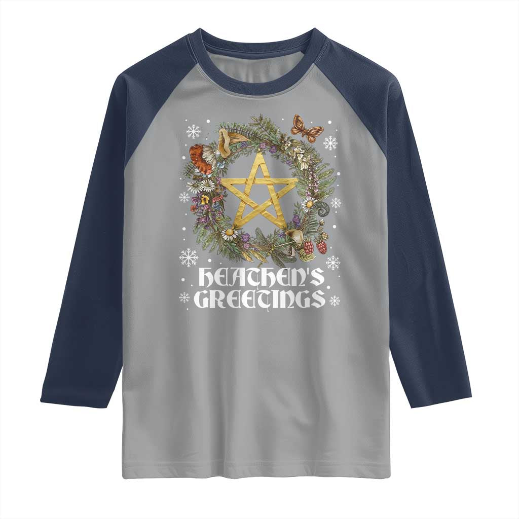 Heathens Greeting Raglan Shirt Pagan Christmas Wreath Yule Holiday TS11 Sport Gray Navy Print Your Wear