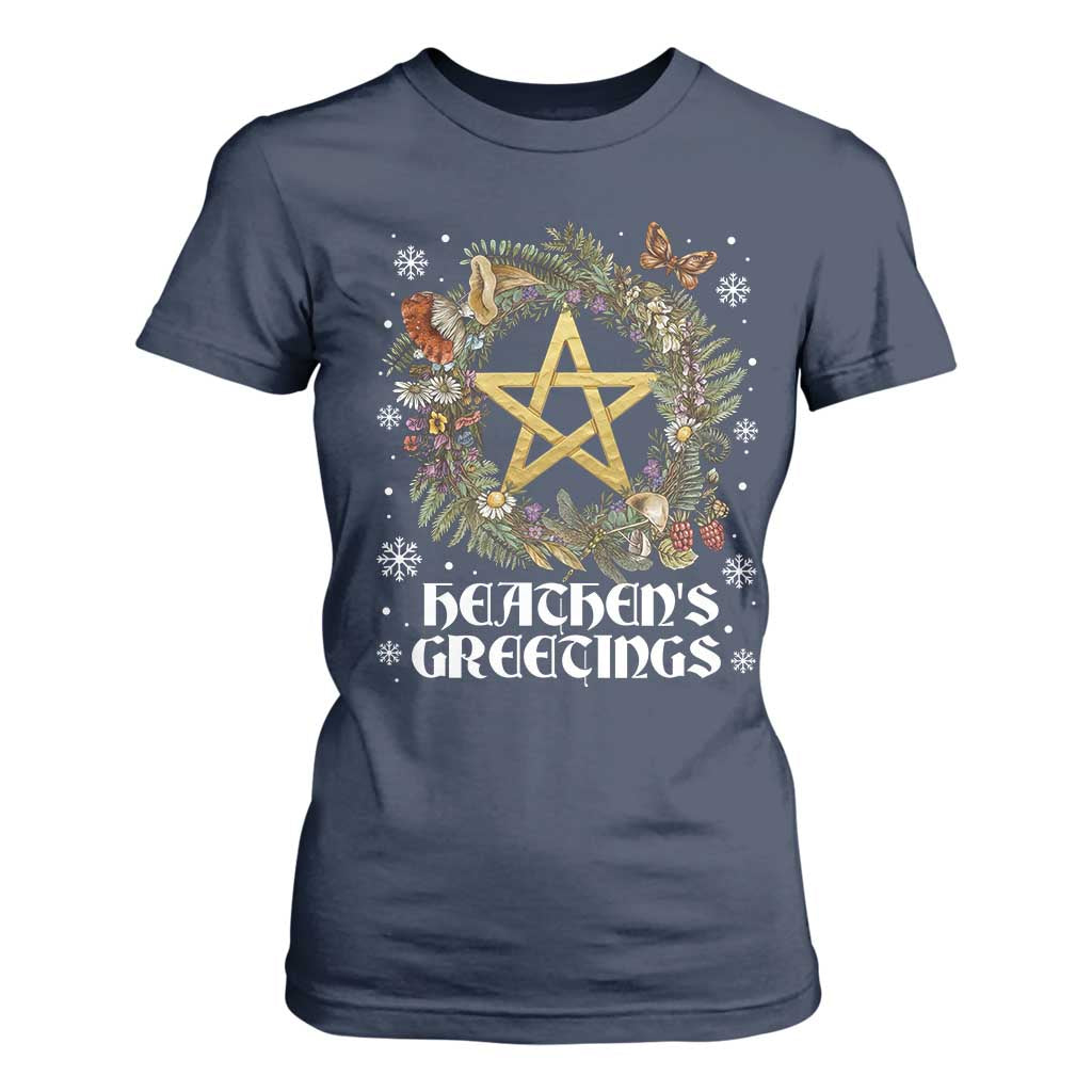 Heathens Greeting T Shirt For Women Pagan Christmas Wreath Yule Holiday TS11 Navy Print Your Wear