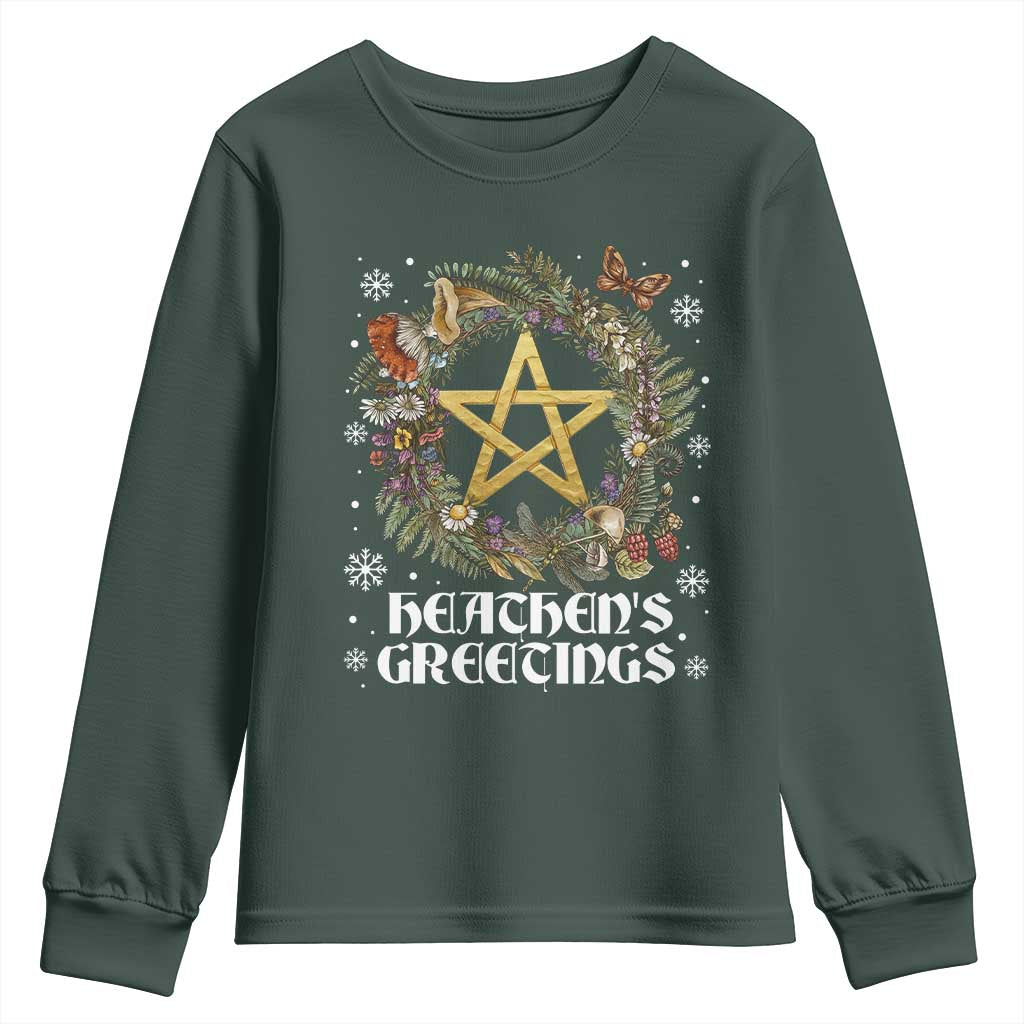Heathens Greeting Youth Sweatshirt Pagan Christmas Wreath Yule Holiday TS11 Dark Forest Green Print Your Wear