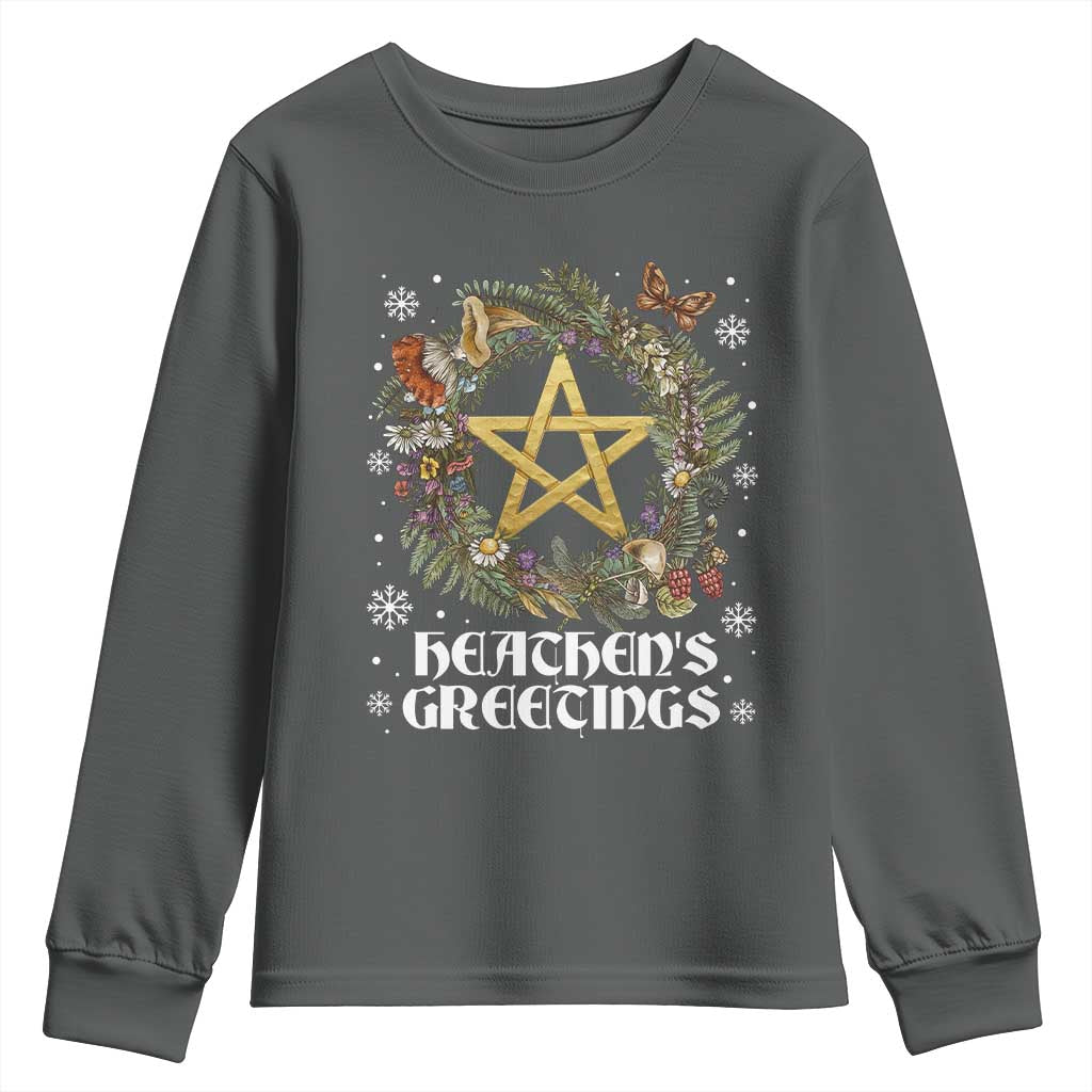 Heathens Greeting Youth Sweatshirt Pagan Christmas Wreath Yule Holiday TS11 Dark Heather Print Your Wear