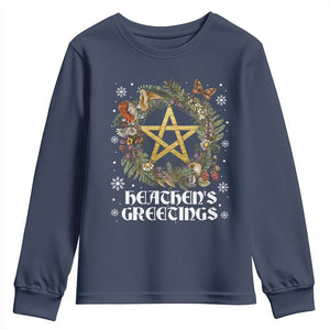 Heathens Greeting Youth Sweatshirt Pagan Christmas Wreath Yule Holiday TS11 Navy Print Your Wear