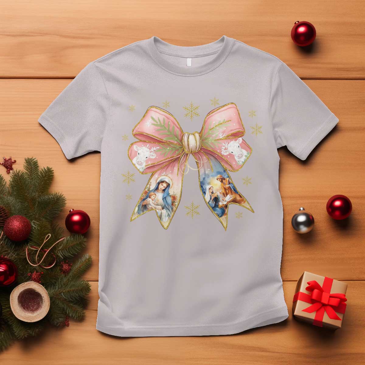 Jesus Christmas Coquette Bow Nativity Bible Verse Christian T Shirt TS11 Ice Gray Print Your Wear