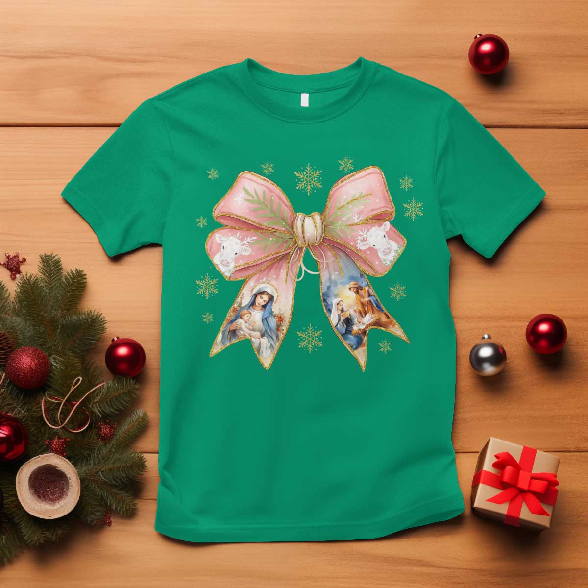 Jesus Christmas Coquette Bow Nativity Bible Verse Christian T Shirt TS11 Irish Green Print Your Wear