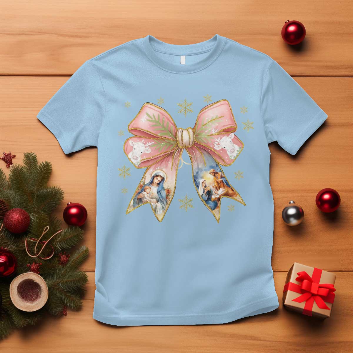 Jesus Christmas Coquette Bow Nativity Bible Verse Christian T Shirt TS11 Light Blue Print Your Wear