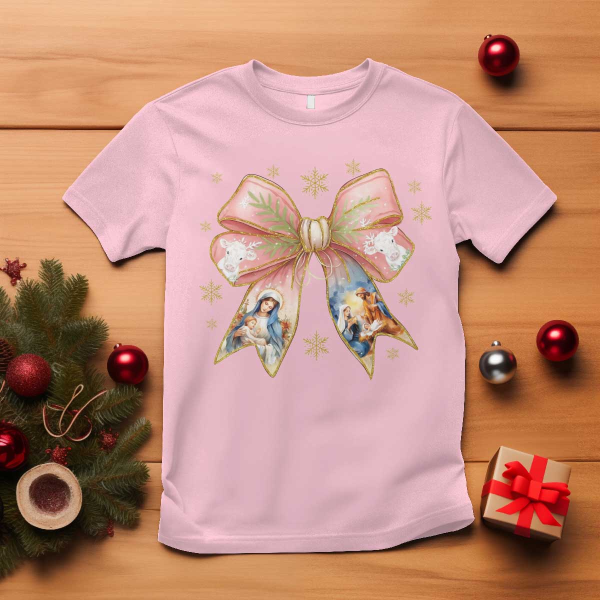 Jesus Christmas Coquette Bow Nativity Bible Verse Christian T Shirt TS11 Light Pink Print Your Wear