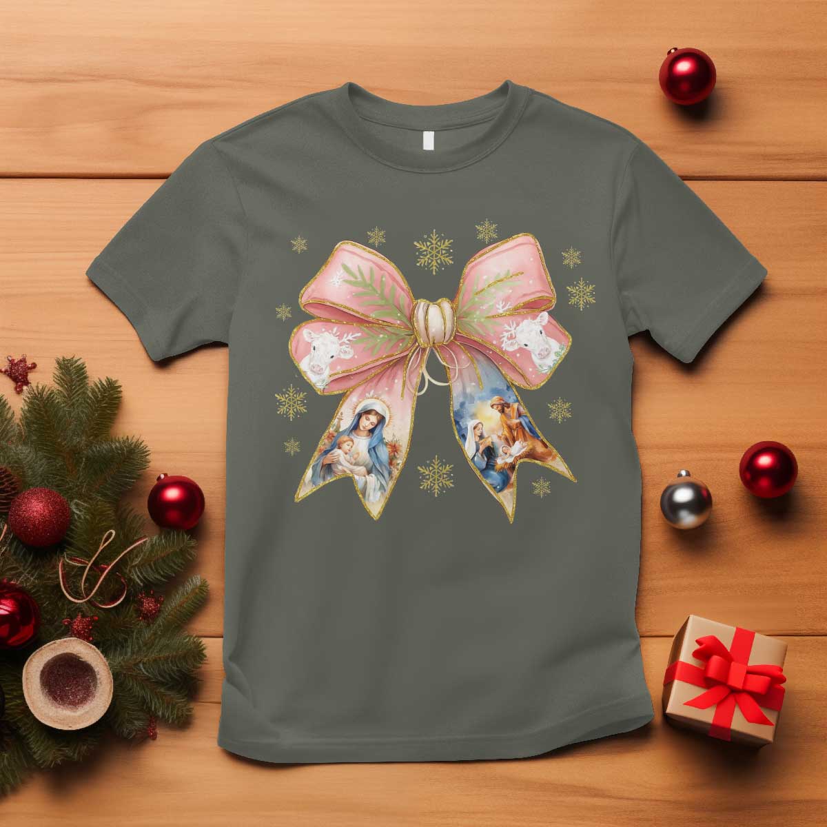 Jesus Christmas Coquette Bow Nativity Bible Verse Christian T Shirt TS11 Military Green Print Your Wear
