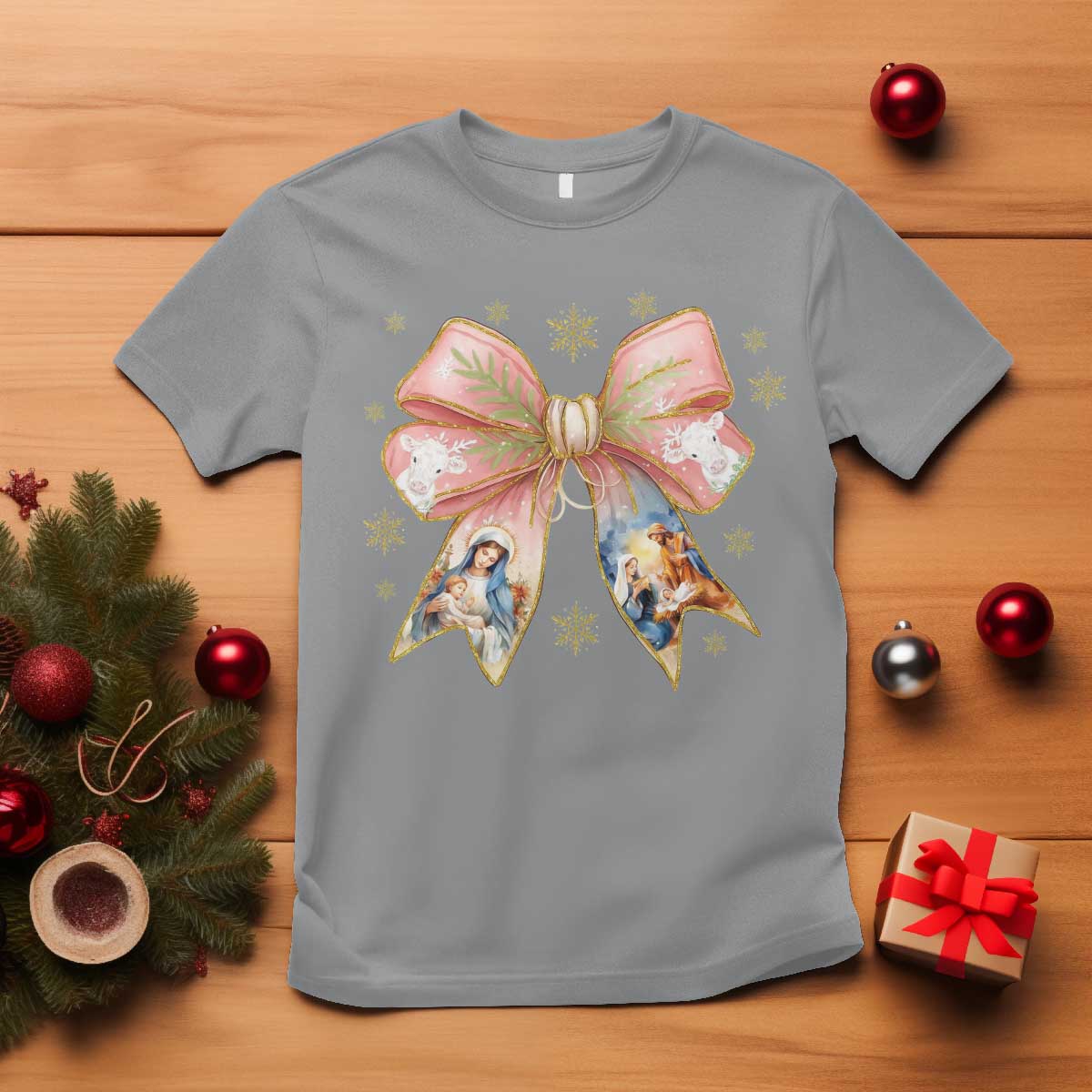 Jesus Christmas Coquette Bow Nativity Bible Verse Christian T Shirt TS11 Sport Gray Print Your Wear