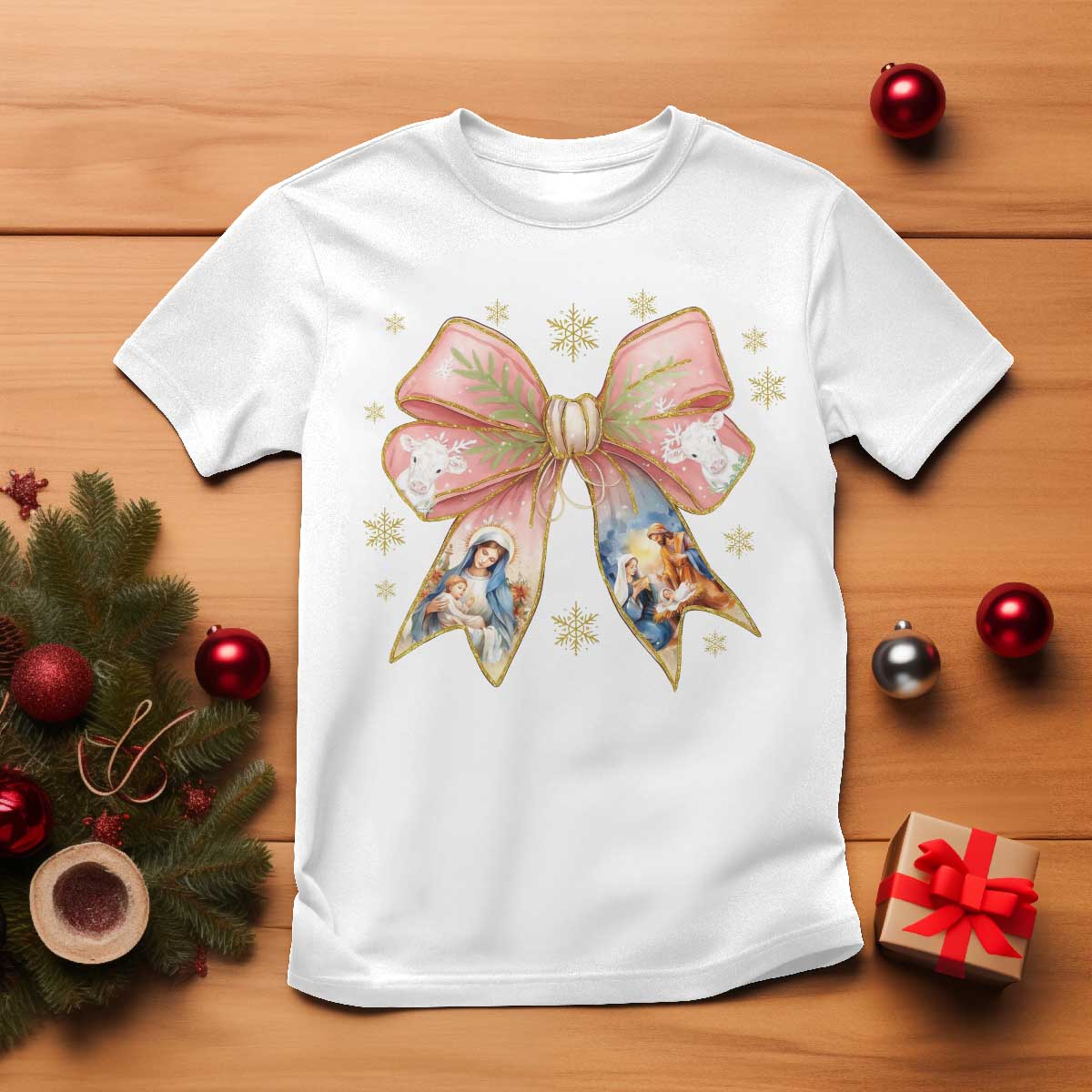Jesus Christmas Coquette Bow Nativity Bible Verse Christian T Shirt TS11 White Print Your Wear